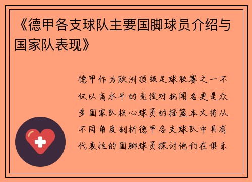 《德甲各支球队主要国脚球员介绍与国家队表现》